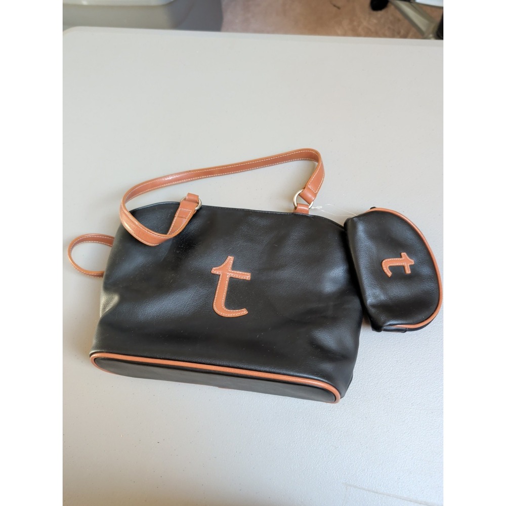 Women's Black and Brown Purse Change Pouch T Strap Shoulder Bag Zip Closure NWOT